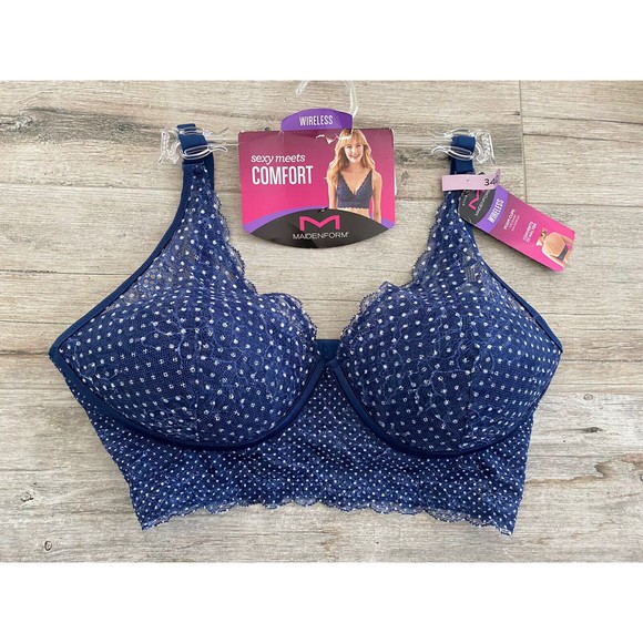Maidenform 34D Casual Comfort Wireless Convertible Bralette Blue Polka Dot New - Picture 1 of 6